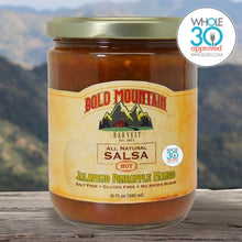 Load image into Gallery viewer, A 16-ounce jar of Jalepeno Pineapple Mango Salsa from Bold Mountain Harvest. The salsa is marked Hot and is Whole 30 Approved.
